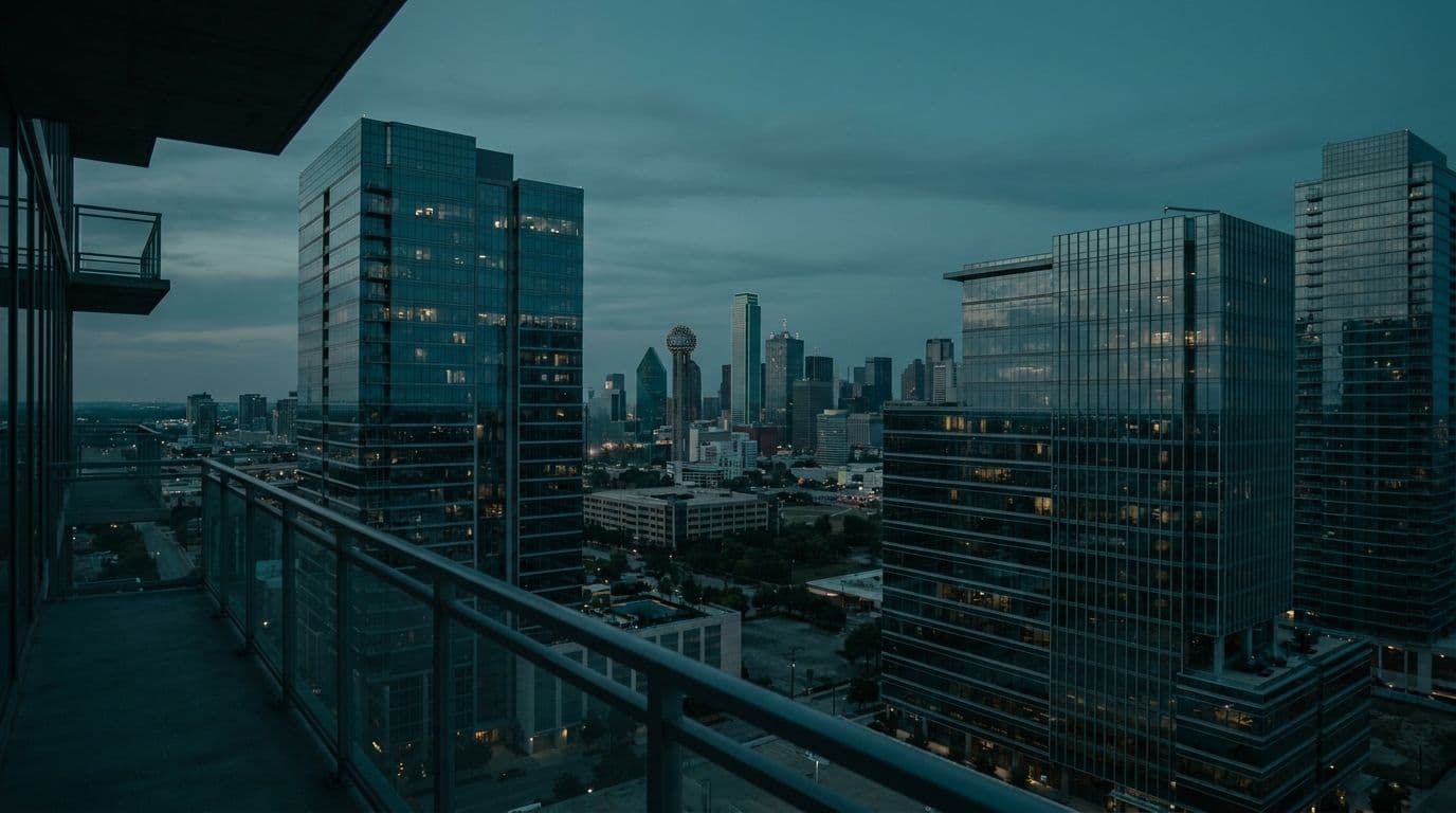 Dallas skyline seen from the Uptown district at dusk